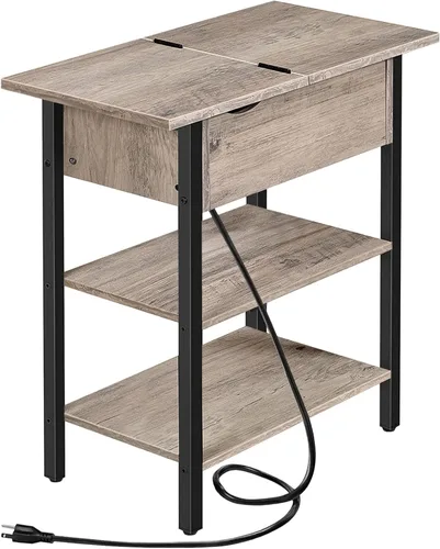 Miniatura 11 de HOOBRO - Mesa auxiliar lateral, mesa de centro abatible con estación de carga y estantes, puertos USB y tomas de corriente, mesita de noche estrecha
