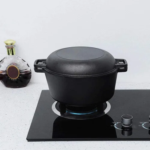Miniatura 7 de Hornos holandeses, 2 en 1, horno holandés doble sazonado de hierro fundido, sartén de hierro fundido, utensilios de cocina combinados para cocina