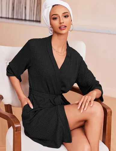 Miniatura 4 de Ekouaer Batas para mujer, de punto gofre, suave, ligera, hasta la rodilla, tallas S-XXL