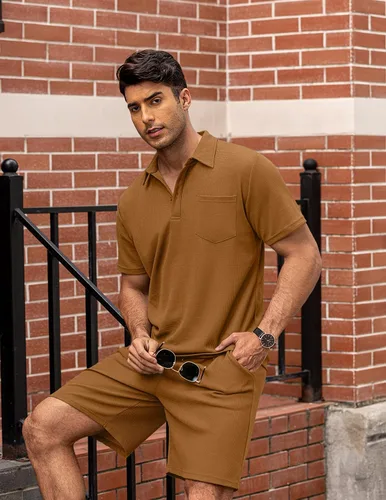 Miniatura 10 de COOFANDY Conjunto de camisa polo y pantalones cortos de punto gofre para hombre, conjunto de 2 piezas, traje de verano casual con bolsillos