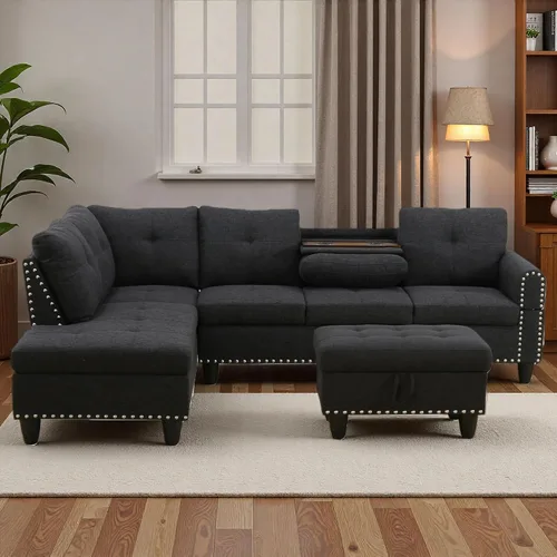 Miniatura 7 de Sofá modular de cuero en forma de L de 3 piezas – Sofá modular convertible con diván móvil y otomana de almacenamiento, uso multiescenario para sala