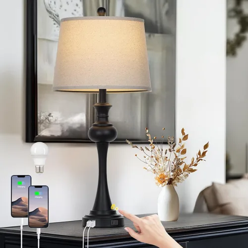 Miniatura 9 de CINSARY Lámpara de mesa marrón alta de 29", lámpara de noche con control táctil regulable en 3 vías con USB A+C y toma de corriente AC
