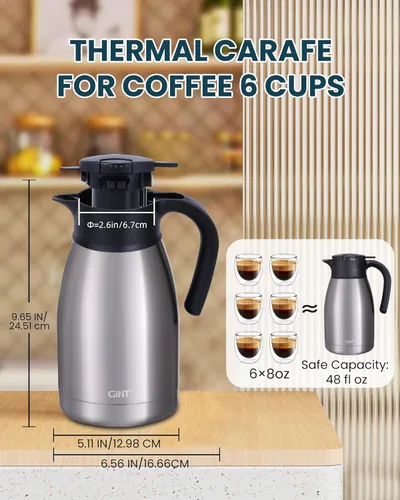 Miniatura 6 de GiNT Jarra térmica de café en acero inoxidable de 51 onzas con tapa / Jarra térmica de doble pared al vacío / 12 horas de retención del calor