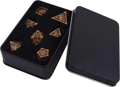 Miniatura 6 de AUSTOR Juego de dados de metal DND de 7 troqueles, juego de dados poliédricos de Calabozos y Dragones con caja D20 D12 D10 D% D8 D6 D4