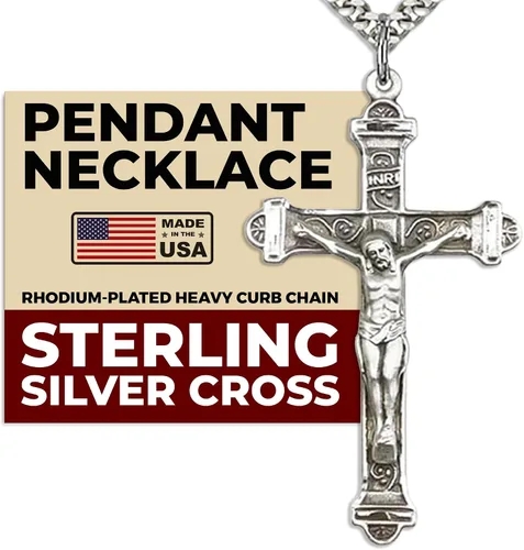 Heartland - Collar de cruz de plata de ley para hombre, cadena de collar con colgante de crucifijo, detalles de plata antigua, collar de cruz