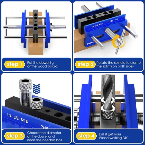 Miniatura 5 de BLEKOO Kit de plantilla de clavija de centrado automático de 6.7 pulgadas, plantilla de taladro para agujeros rectos, juego de carpintero de Azul