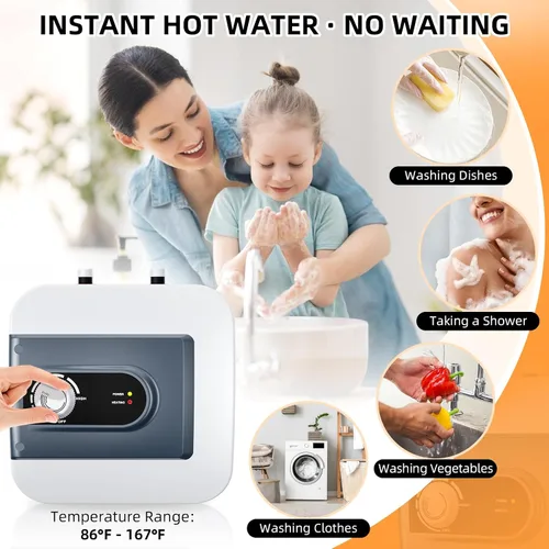 Miniatura 2 de Calentador de agua eléctrico de 1.6 galones, 1500 W bajo el fregadero, calentador de agua caliente bajo demanda, punto de uso montado en la pared