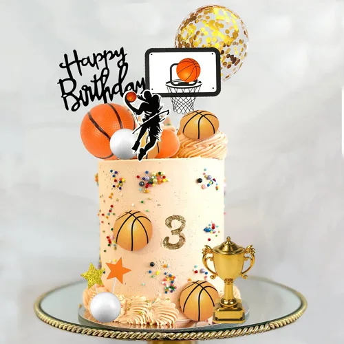 Miniatura 3 de 29 adornos de baloncesto para tartas de baloncesto con bolas doradas de estrella para cumpleaños de hombres