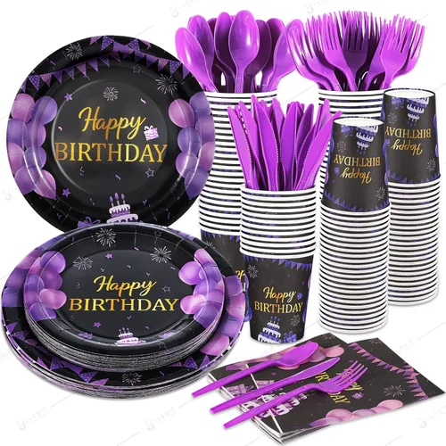 Juego de vajilla de 168 piezas de suministros para fiesta de cumpleaños morados y negros, platos, cuchillos, tenedores, cucharas, tazas y