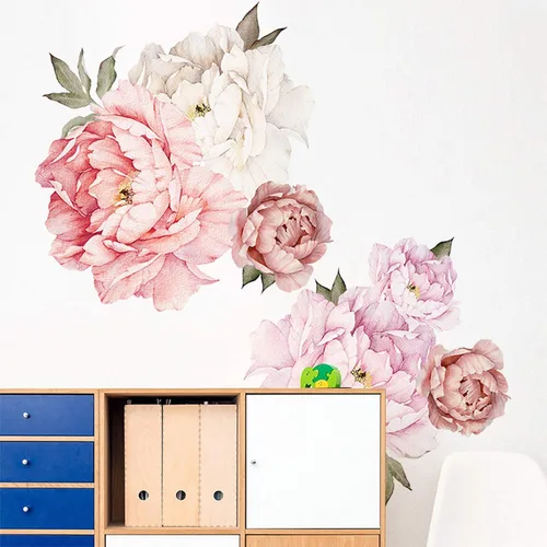Miniatura 5 de Calcomanías de pared de flores de peonías, acuarela, elegantes calcomanías de pared florales para habitación de niñas, flores de peonía, carteles