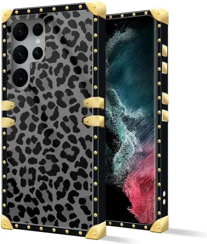 DAIZAG Compatible con Samsung Galaxy S22 Ultra, B Funda de leopardo negro de lujo elegante para mujeres y niñas, decoración de metal, esquina