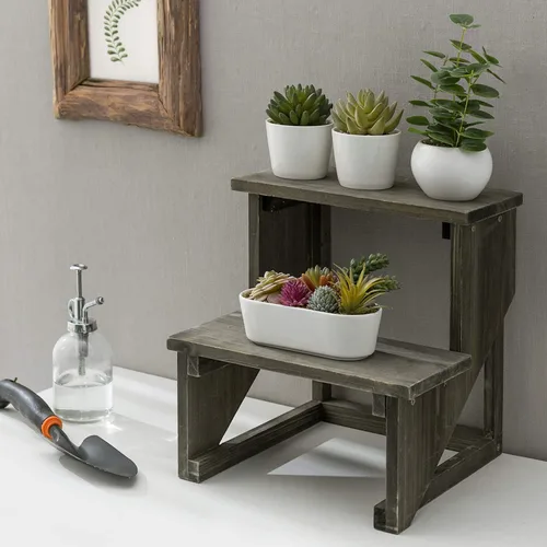Miniatura 2 de MyGift Estante de 2 niveles de madera rústica gris oscuro para plantas de escritorio, soporte de maceta estilo granja, organizador de exhibición