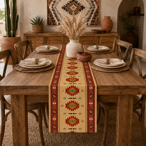 Miniatura 193 de Camino de mesa étnico del suroeste, navajo tribal nativo americano, bohemio, patrón geométrico azteca, camino de mesa para cocina, mesa de comedor