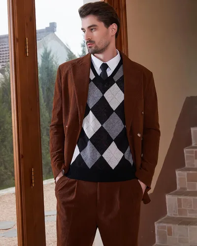 Miniatura 5 de Kallspin Suéter tipo chaleco con rombos para hombre, mezcla de lana, cuello en V, sin mangas