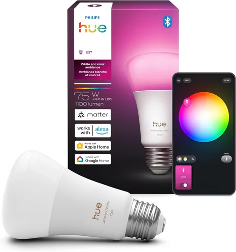 Philips Hue Bombilla LED inteligente A19, 1 paquete, ambiente blanco y color, base E27, 9.5W, luz de espectro completo 1000K-20000K, 1100 lúmenes,