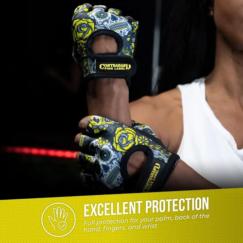 Miniatura 5 de Contraband Pink Label 5237 - Guantes de entrenamiento de diseñador para mujer, estampado de calavera de azúcar y acolchado Grip-Lock™ (amarillo, M)