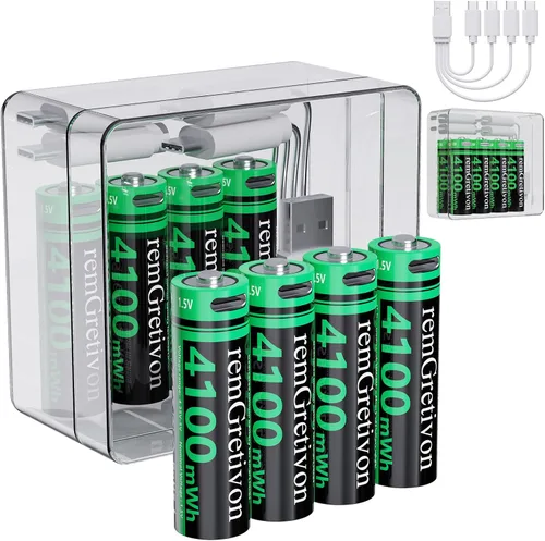 Miniatura 10 de Paquete de 4 baterías AA recargables USB C, batería de iones de litio de salida constante de 4100 mWh, 1.5 V, carga rápida de 2.5 horas