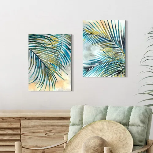 Miniatura 6 de SunFlax Lienzo de hojas de palmera: imagen de palmera tropical, arte botánico de naturaleza, verde azulado, impresión abstracta de plantas, pintura