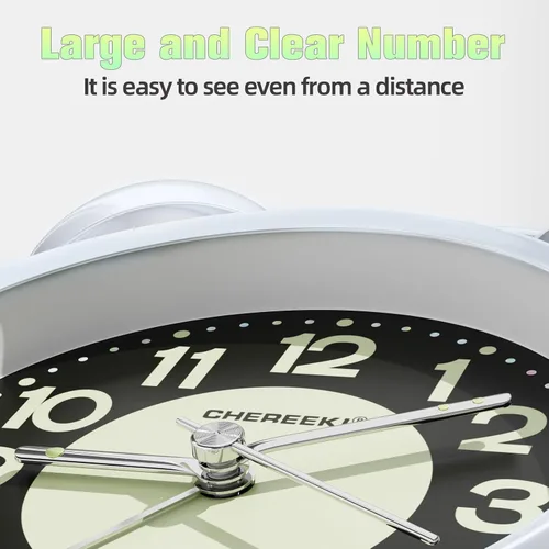 Miniatura 4 de CHEREEKI - Reloj despertador potente para personas que duermen profundamente, reloj analógico silencioso sin marcas con luz de fondo, esfera