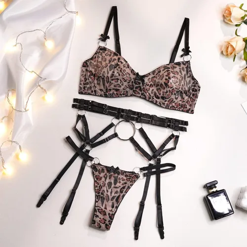 Miniatura 6 de Conjunto de lencería de liguero de leopardo para mujer, conjunto de brasier y braga sexy con liguero, 3 piezas