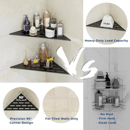 Miniatura 4 de Estante de ducha esquinero, almacenamiento incorporado en baño para paredes de azulejos de 90°, acero inoxidable 304 negro mate, juego de 2