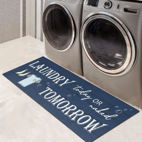 Alfombra antideslizante para lavandería, decoración de lavandería, alfombra lavable para lavandería, baño, cocina, 17 x 47 pulgadas, azul