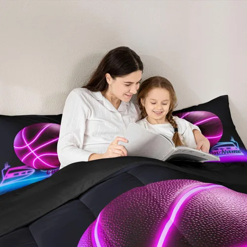 Miniatura 5 de Erosebridal Juego de ropa de cama de baloncesto rosa tamaño matrimonial para niños y niñas, juego de edredón con temática deportiva, edredón