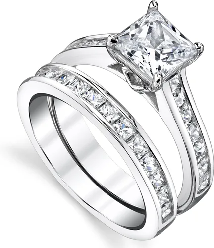 Miniatura 2 de Juego de anillos de compromiso de boda de plata de ley de 4.3 quilates con circonita cúbica de corte princesa
