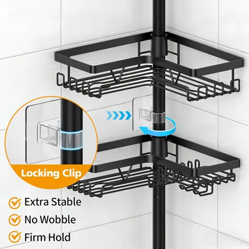 Miniatura 3 de KEGII Estante de Ducha Negro con Barra de Tensión y 2 Barras para Toallas, Organizador de Esquina Ajustable para Baño, Estantes de Almacenamiento