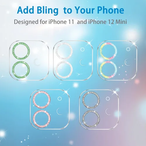 Miniatura 7 de Paquete de 3. Protector de lente de cámara Dengduoduo para iPhone 11 y iPhone 12 Mini, Glitter Bling Sparkle Ultra HD, vidrio templado, dureza 9H