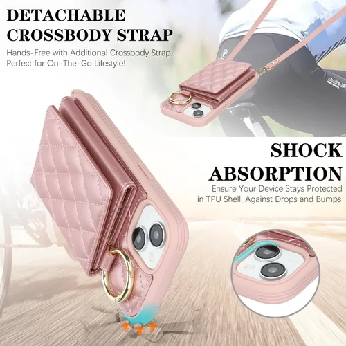 Miniatura 6 de Funda para iPhone 14 con tarjetero y correa para mujer, cordón cruzado, espejo de maquillaje, soporte de anillo, cierre a presión, bonitas fundas