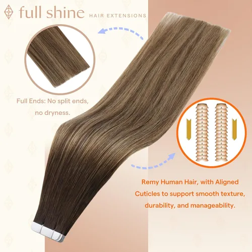 Miniatura 2 de Full Shine - Extensiones adhesivas de cabello humano Remy, 18 pulgadas, color 2 que se funde a rubio caramelo 3 y 27, balayage, 1.76 oz, 20