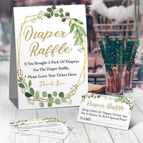 Miniatura 2 de Boletos para rifas de pañales, letrero para rifas de pañales, boleto de inserción de vegetación, decoraciones doradas para baby shower, juego