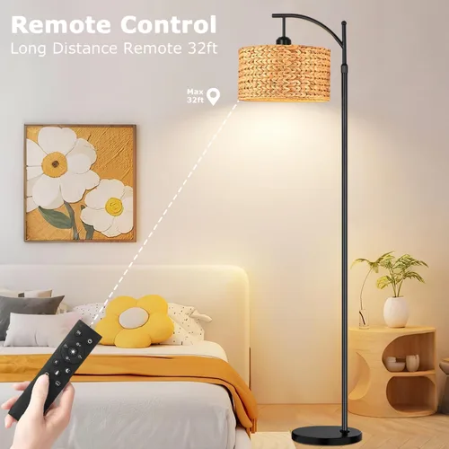 Miniatura 4 de QIYIZM Lámpara de pie para sala de estar, dormitorio, estilo granja, arco, ratán, boho, lámpara de pie con control remoto regulable, pantalla