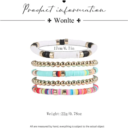 Miniatura 5 de Wonlte - Juego de pulseras de cuentas de arcilla Heishi, pulseras elásticas apilables con cuentas de mal de ojo, pulseras elásticas apilables