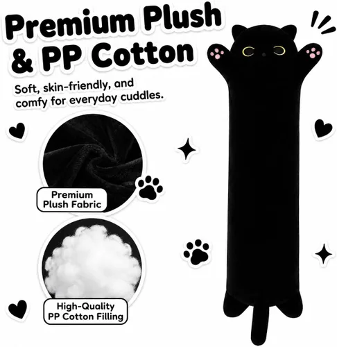 Miniatura 2 de Almohada de gato de felpa suave, almohada larga de juguete de animal de peluche para gatito, regalo para niños, novia (50CM, negro)