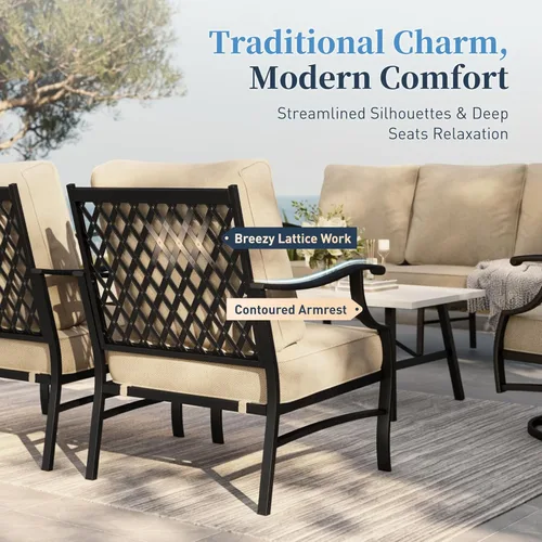 Miniatura 2 de SUNSHINE VALLEY Juego de muebles de patio, 4 piezas de muebles modernos de metal para exteriores, sofá de 3 plazas, 2 sillas mecedoras, mesa