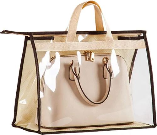 elegante organizador colgante de bolsas para closet, ahorra espacio, soporte de PVC a prueba de polvo con cierre y asa.