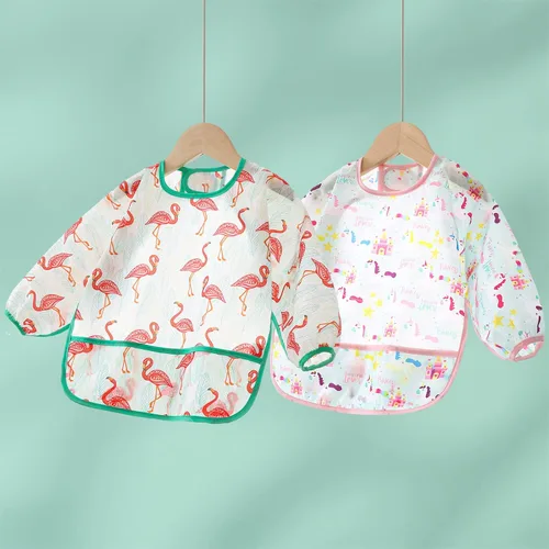 Miniatura 4 de Paquete de 5 baberos de manga larga, baberos impermeables para bebés de 6 a 30 meses, reutilizables, con bolsillo para todo