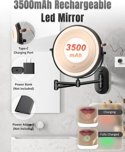 Miniatura 5 de Espejo de maquillaje montado en la pared con luz, 20X/1X 20,3 cm espejo doble cara LED con aumento para baño, espejo de tocador iluminado