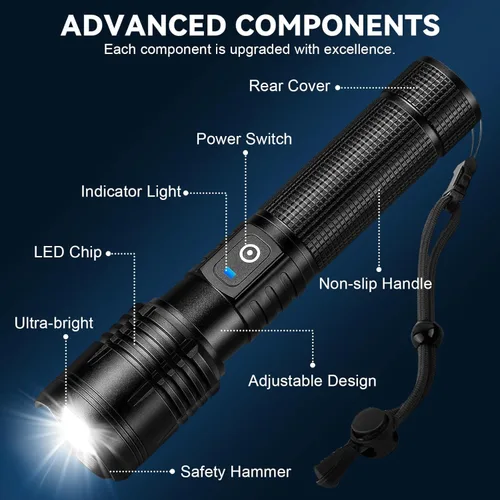 Miniatura 9 de Linterna LED recargable de alto lúmenes – 99,000 lm luz de flash súper brillante con 5 modos, potente Lintera para el hogar, campamento