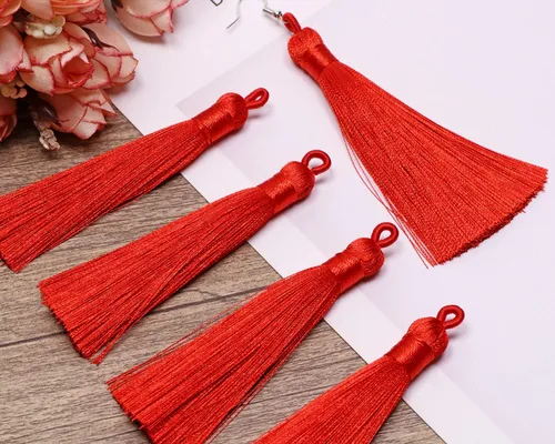 Miniatura 2 de Tupalizy 10 borlas suaves y sedosas hechas a mano con lazo para colgar marcapáginas, llaveros, aretes, pulseras, fabricación de joyas, recuerdo, Rojo