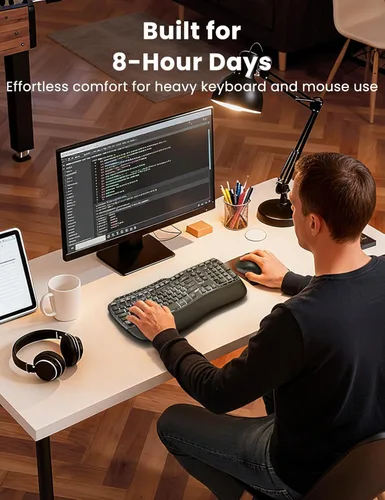 Miniatura 4 de Combo ergonómico de teclado y mouse inalámbricos, teclado retroiluminado recargable de 4000 mAh con un reposamanos suave de piel de cordero