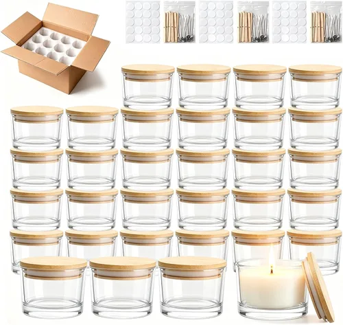 Miniatura 11 de Tarros de vela de vidrio de 4 onzas, paquete de 12 tarros pequeños para hacer velas, tarros vacíos de vidrio grueso de boca ancha con tapas de bambú