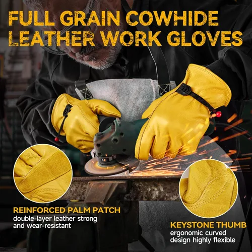 Miniatura 2 de Guantes de trabajo de cuero para hombres y mujeres con puño ajustable, resistentes, de piel de vaca