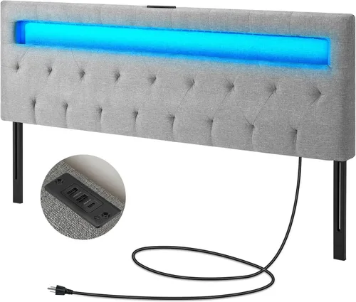 GREENSTELL Cabecero para cama tamaño completo con 60,000 colores DIY de luz LED, puerto USB y Tipo C, marco adjunto, altura ajustable, solo Gris