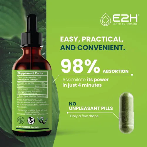 Miniatura 4 de E2H - Gotas líquidas de clorofila, estimulante de energía natural, apoyo al sistema inmunológico y desodorante interno, sabor a menta, 2 onzas