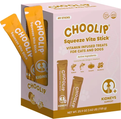 Choolip Squeeze Vita Stick Golosinas Lamibles para Gatos y Perros, Paquete Variado de 49 Unidades para Apoyo Renal, Atún y Abadejo con Arándano,