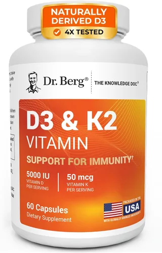 Dr. Berg Fuerza Máxima 2-en-1 Vitamina D3 K2 5000 IU | D3 Derivado Naturalmente | 4 Veces Probado y Verificado en Laboratorio | Fórmula de Alta