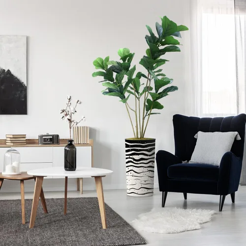 Miniatura 14 de Árbol artificial en macetero contemporáneo con patrón de margaritas, árbol de seda falso Ficus Lyrata para decoración del hogar en interiores